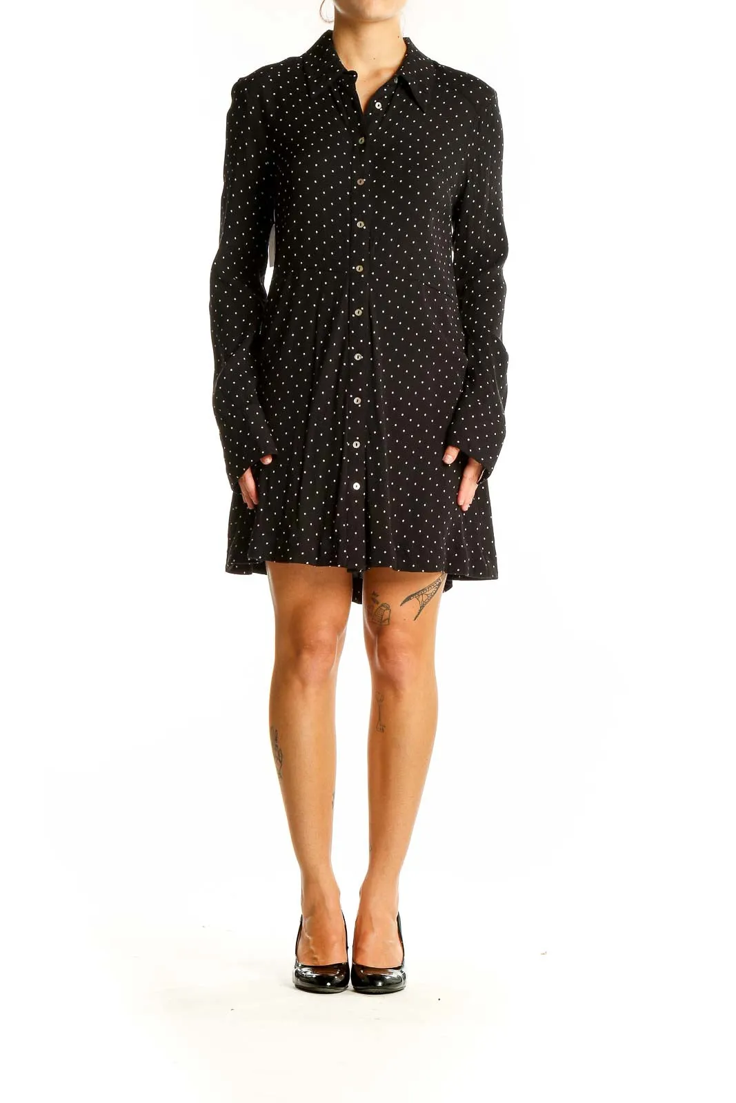 Black Polka Dot Button-Down Shirt Dress