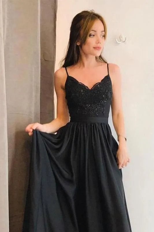 Black Spaghetti Straps V neck Prom Dress with Lace High Split Evening Gowns
