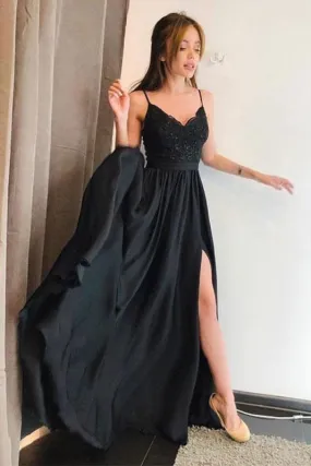 Black Spaghetti Straps V neck Prom Dress with Lace High Split Evening Gowns