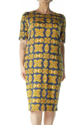 Blue and Yellow Printed Midi T-Shirt Dress