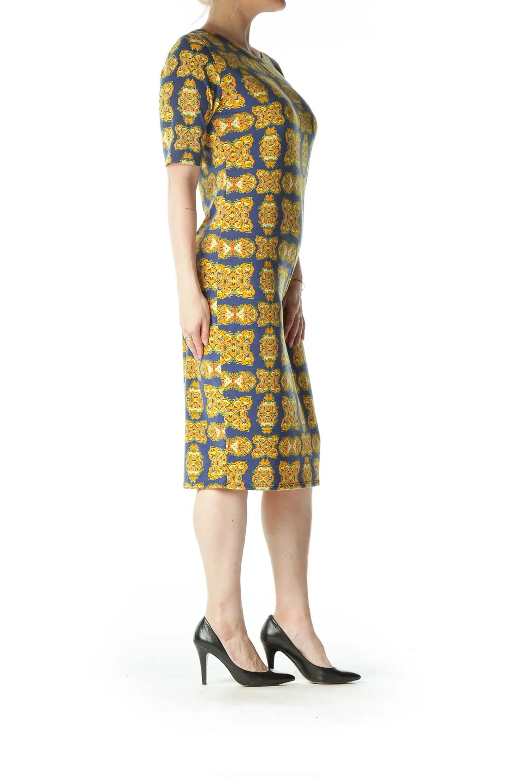 Blue and Yellow Printed Midi T-Shirt Dress