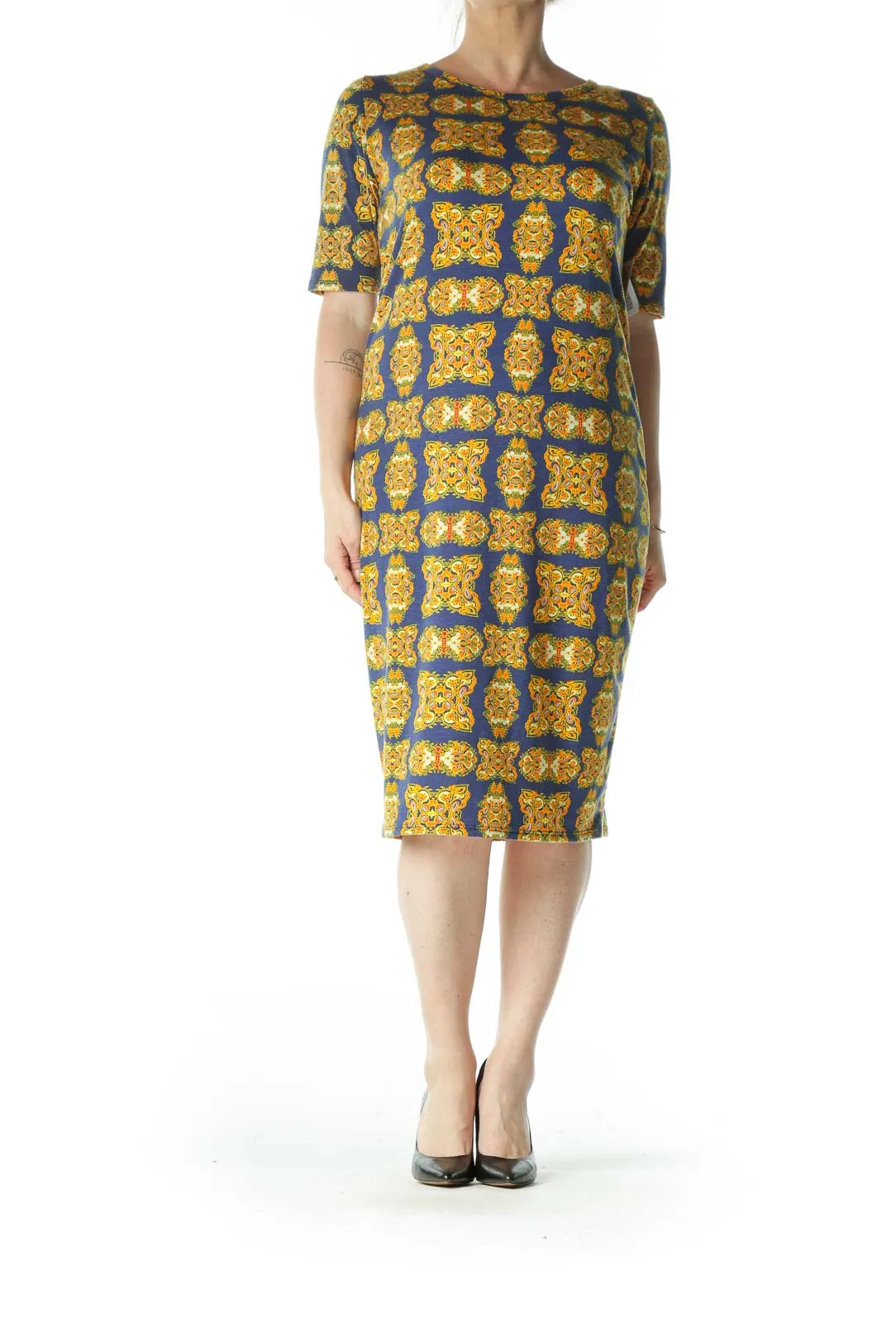 Blue and Yellow Printed Midi T-Shirt Dress