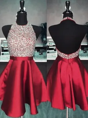Bridelily A-Line Halter Sleeveless Short/Mini With Beading Satin Dresses