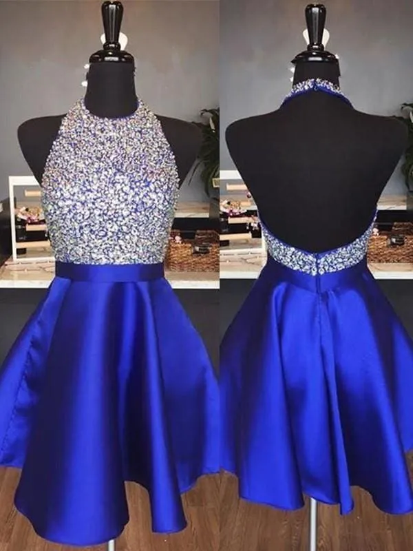 Bridelily A-Line Halter Sleeveless Short/Mini With Beading Satin Dresses