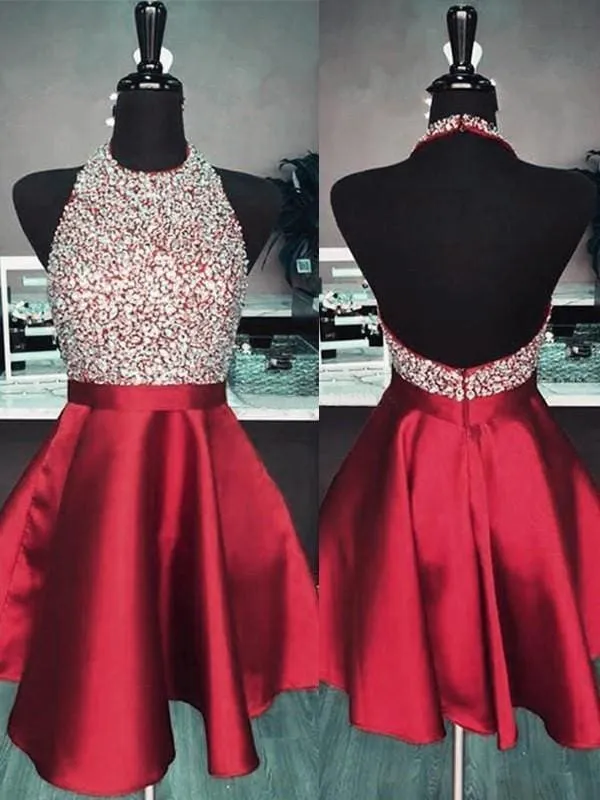 Bridelily A-Line Halter Sleeveless Short/Mini With Beading Satin Dresses