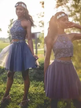 Bridelily A-Line Halter Sleeveless Short/Mini With Beading Tulle Dresses