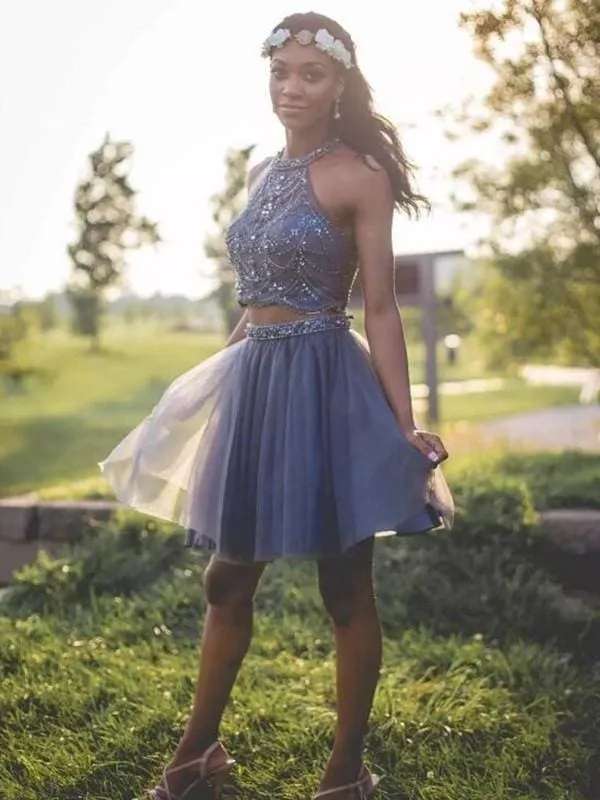 Bridelily A-Line Halter Sleeveless Short/Mini With Beading Tulle Dresses