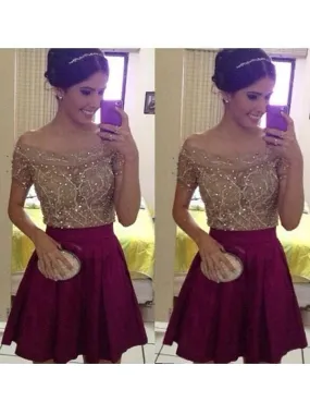 Bridelily A-Line Satin Off-the-Shoulder Short Sleeves Short/Mini With Beading Dresses