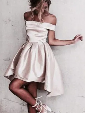 Bridelily A-Line Satin Off-the-Shoulder Sleeveless Short/Mini With Ruffles Dresses