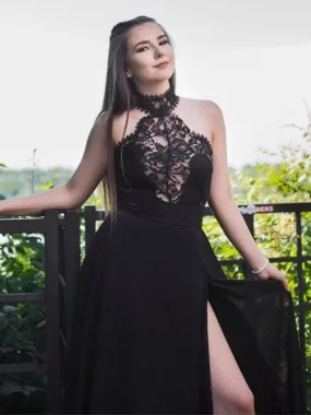 Bridelily A-Line Sleeveless Halter Floor-Length Lace Chiffon Dresses