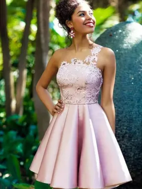 Bridelily A-Line Sleeveless One-Shoulder Satin With Applique Short/Mini Dresses