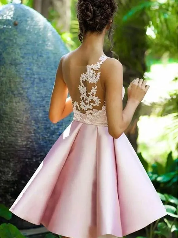 Bridelily A-Line Sleeveless One-Shoulder Satin With Applique Short/Mini Dresses