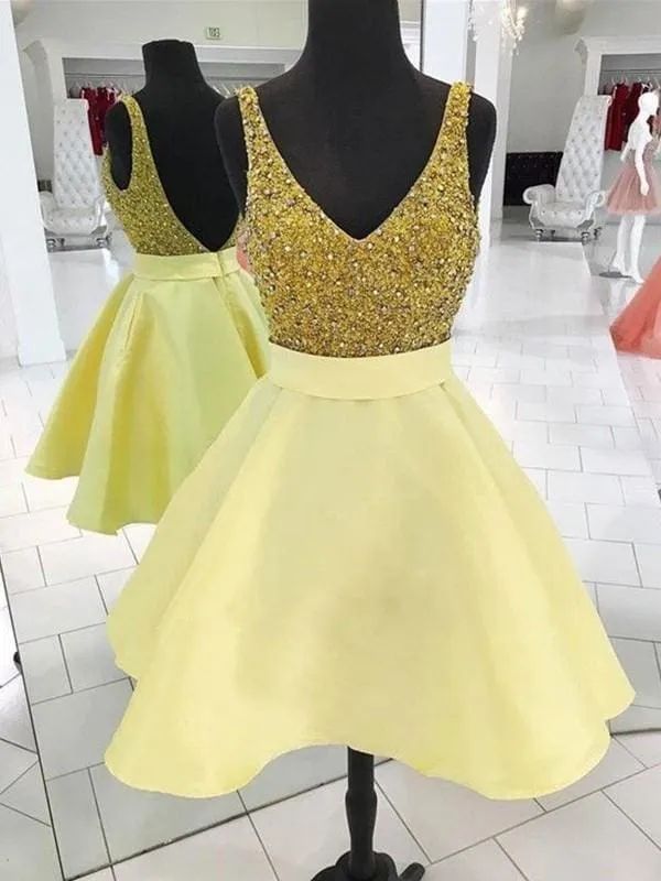 Bridelily A-Line V-neck Sleeveless Short/Mini With Beading Satin Dresses