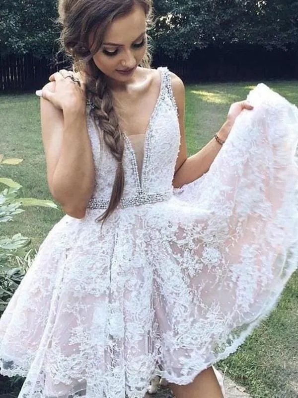 Bridelily A-Line V-neck Sleeveless Tulle With Applique Short/Mini Dresses