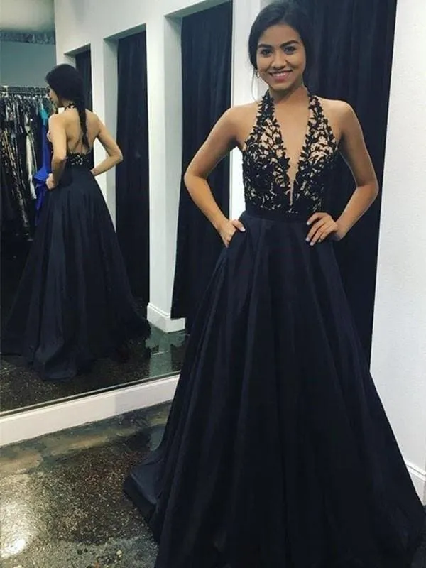 Bridelily A-Line V-Neck Sleeveless With Applique Sweep/Brush Train Satin Dresses