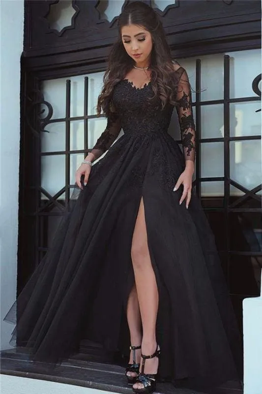 Bridelily Glamorous Black Long-Sleeve Lace Slit Evening Dress