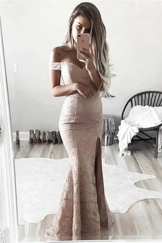 Bridelily Gorgeous Off-the-Shoulder Mermaid Lace Split Evening Dress