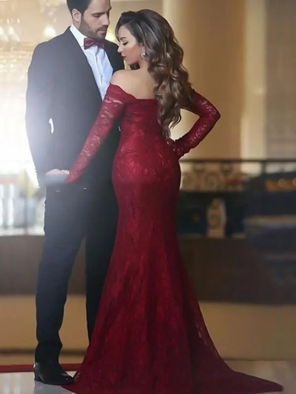 Bridelily Mermaid Off-The-Shoulder Long Sleeves Floor-Length With Ruffles Lace Dresses