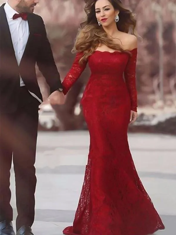 Bridelily Mermaid Off-The-Shoulder Long Sleeves Floor-Length With Ruffles Lace Dresses