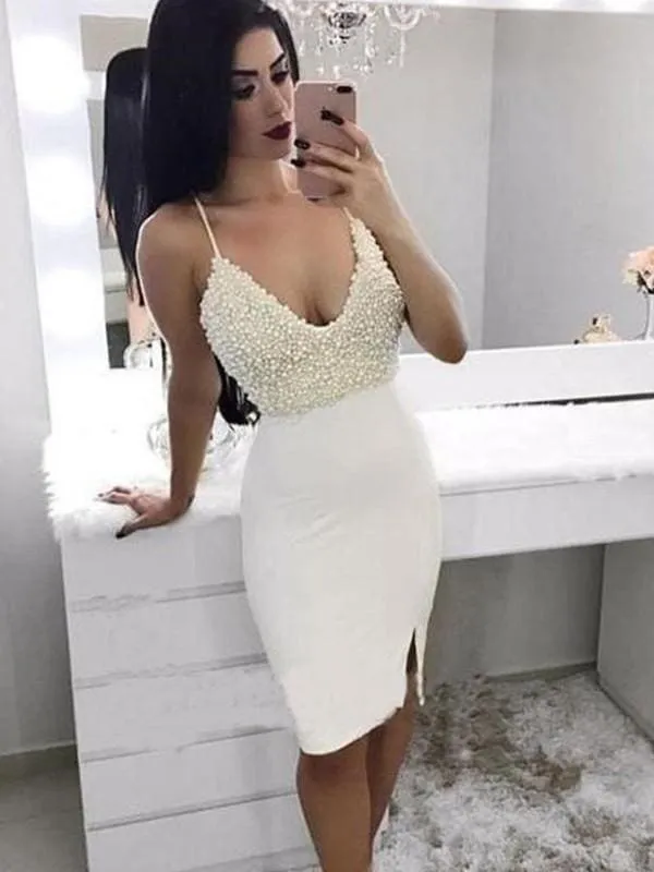 Bridelily Sheath With Beading Spaghetti Straps Satin Sleeveless Knee-Length Dresses