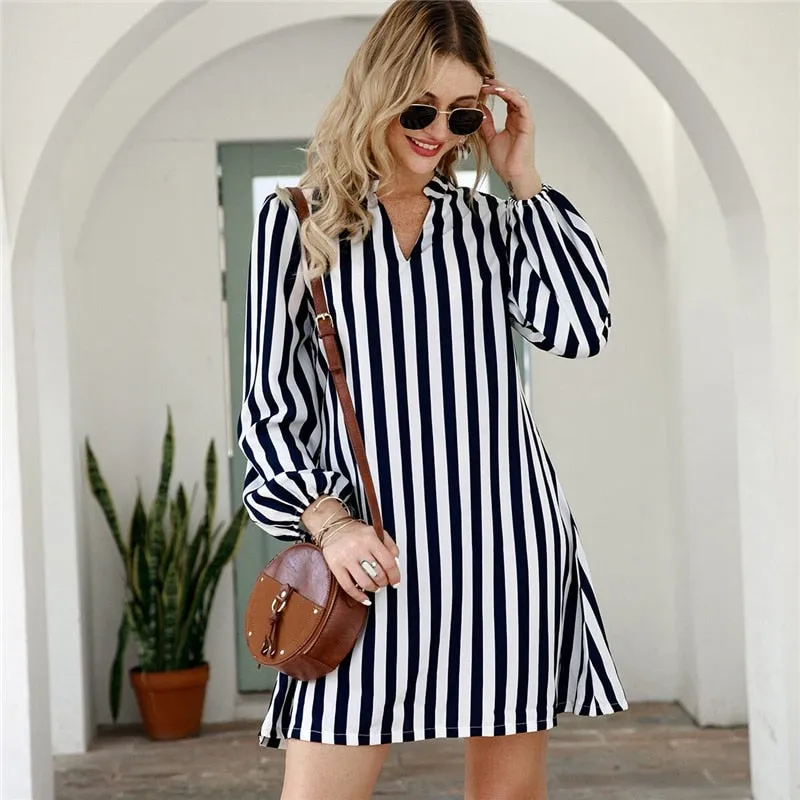 Notched Collar Striped Casual Shirt Dress