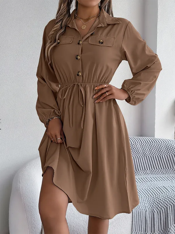 Solid Shirt Dress Knee Length with Bishop Sleeves