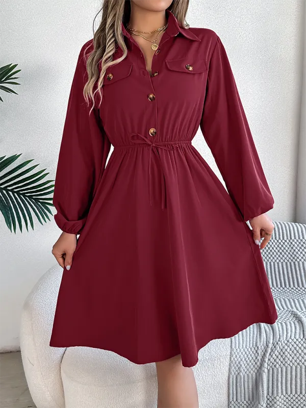Solid Shirt Dress Knee Length with Bishop Sleeves
