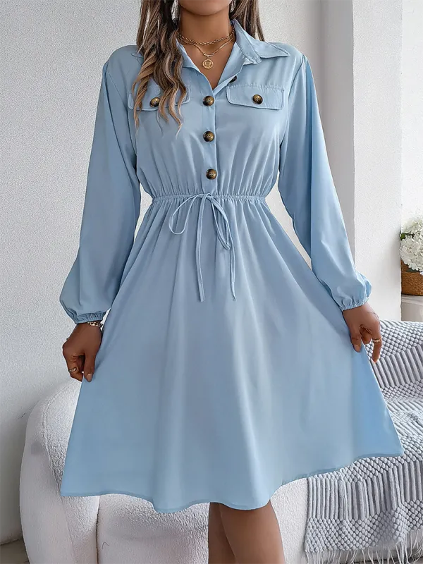 Solid Shirt Dress Knee Length with Bishop Sleeves