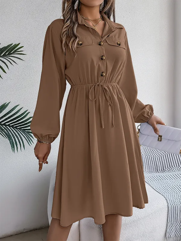 Solid Shirt Dress Knee Length with Bishop Sleeves