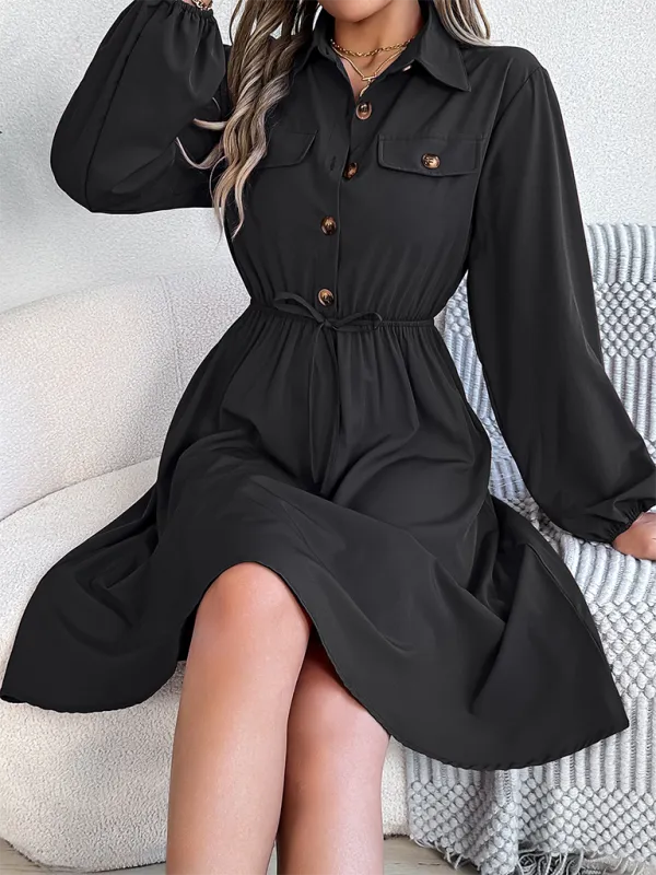 Solid Shirt Dress Knee Length with Bishop Sleeves