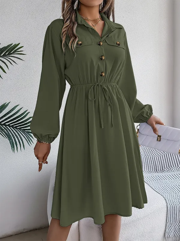 Solid Shirt Dress Knee Length with Bishop Sleeves