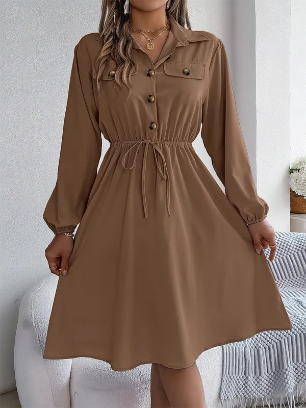 Solid Shirt Dress Knee Length with Bishop Sleeves