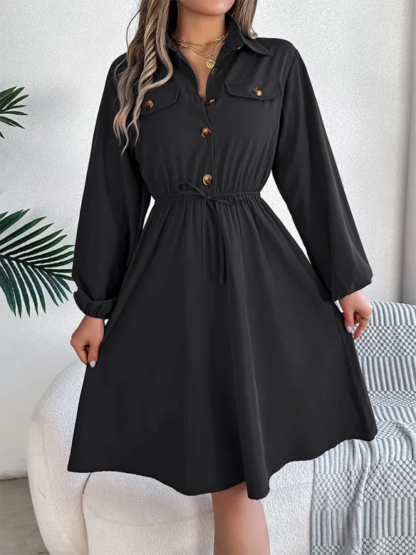 Solid Shirt Dress Knee Length with Bishop Sleeves