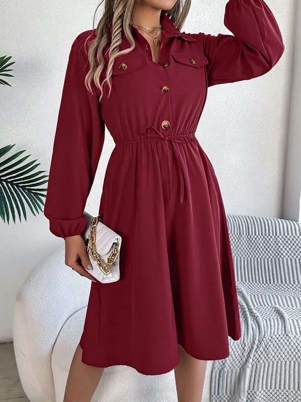 Solid Shirt Dress Knee Length with Bishop Sleeves