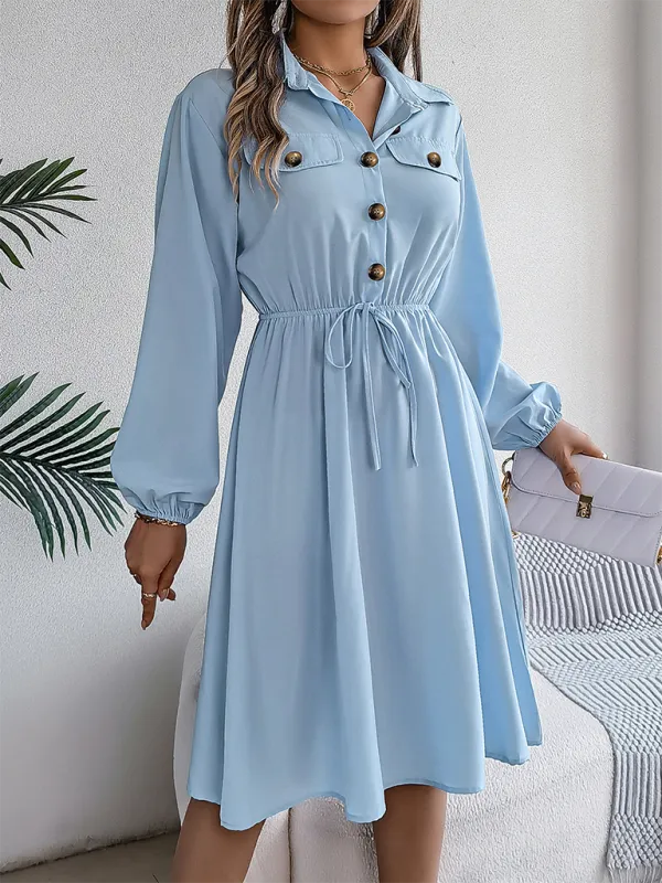 Solid Shirt Dress Knee Length with Bishop Sleeves