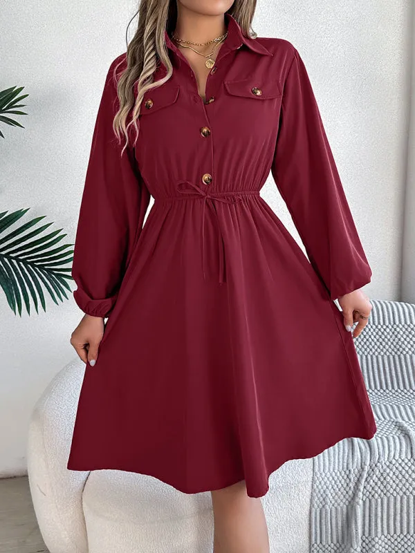 Solid Shirt Dress Knee Length with Bishop Sleeves