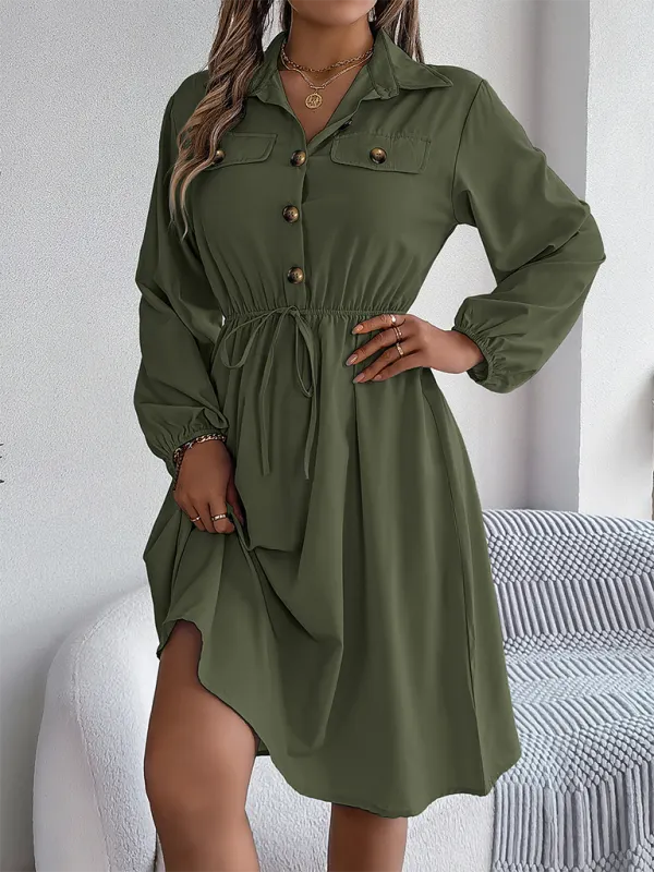 Solid Shirt Dress Knee Length with Bishop Sleeves