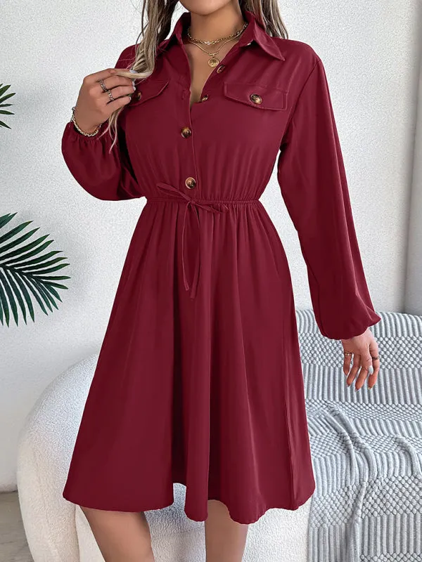 Solid Shirt Dress Knee Length with Bishop Sleeves