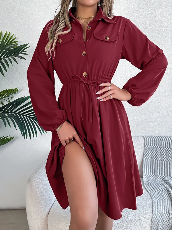 Solid Shirt Dress Knee Length with Bishop Sleeves