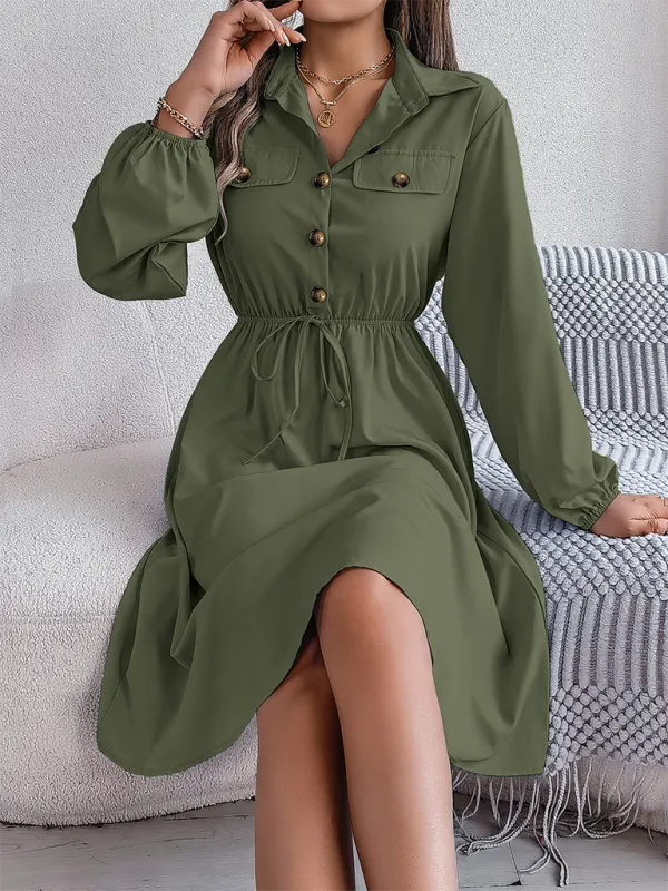 Solid Shirt Dress Knee Length with Bishop Sleeves