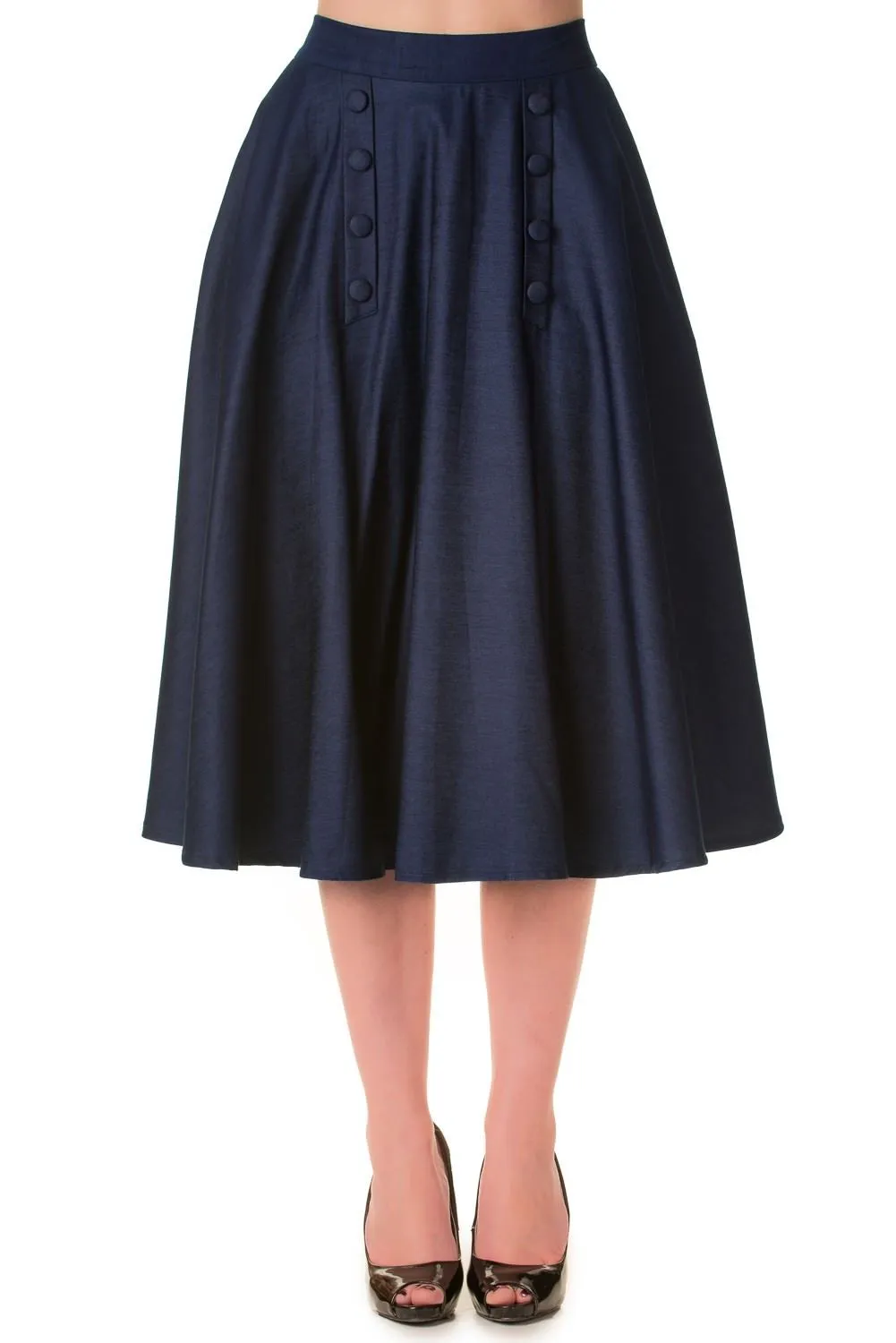 Vintage Style High Waist Denim Double Button Panel A Line Midi Skirt